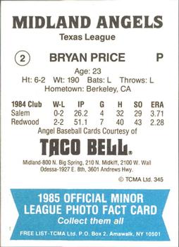 1985 TCMA Midland Angels #2 Bryan Price Back