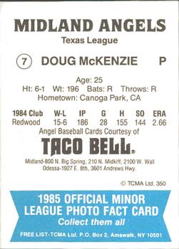 1985 TCMA Midland Angels #7 Doug McKenzie Back