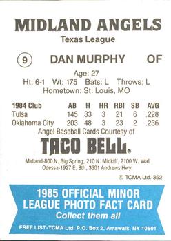 1985 TCMA Midland Angels #9 Dan Murphy Back