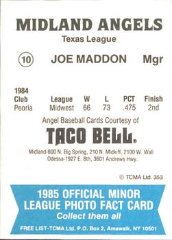 1985 TCMA Midland Angels #10 Joe Maddon Back