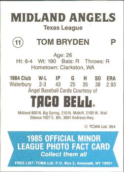 1985 TCMA Midland Angels #11 Tom Bryden Back