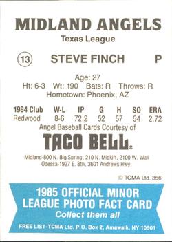 1985 TCMA Midland Angels #13 Steve Finch Back