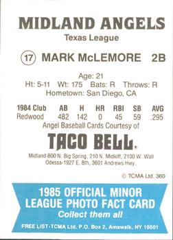 1985 TCMA Midland Angels #17 Mark McLemore Back