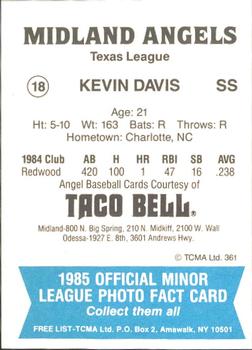1985 TCMA Midland Angels #18 Kevin Davis Back
