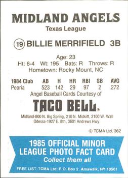 1985 TCMA Midland Angels #19 Billie Merrifield Back
