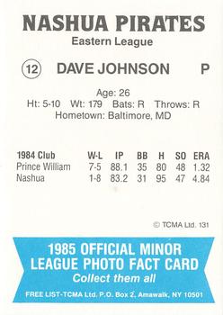 1985 TCMA Nashua Pirates #12 Dave Johnson Back