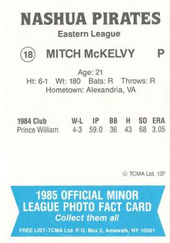 1985 TCMA Nashua Pirates #18 Mitch McKelvey Back