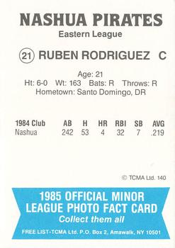 1985 TCMA Nashua Pirates #21 Ruben Rodriguez Back