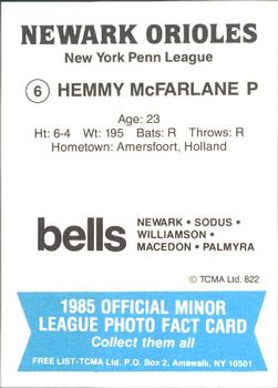 1985 TCMA Newark Orioles #6 Hemmy McFarlane Back