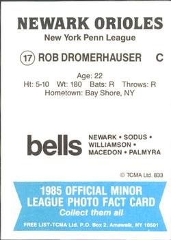 1985 TCMA Newark Orioles #17 Rob Dromerhauser Back