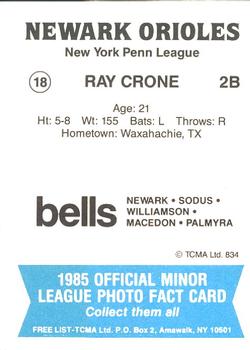 1985 TCMA Newark Orioles #18 Ray Crone Back