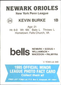 1985 TCMA Newark Orioles #24 Kevin Burke Back