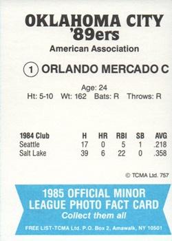 1985 TCMA Oklahoma City 89ers #1 Orlando Mercado Back