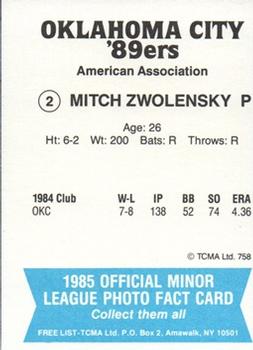 1985 TCMA Oklahoma City 89ers #2 Mitch Zwolensky Back