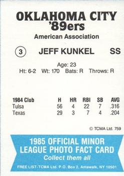 1985 TCMA Oklahoma City 89ers #3 Jeff Kunkel Back