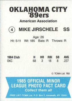 1985 TCMA Oklahoma City 89ers #4 Mike Jirschele Back