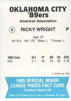 1985 TCMA Oklahoma City 89ers #9 Ricky Wright Back