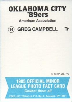 1985 TCMA Oklahoma City 89ers #14 Greg Campbell Back