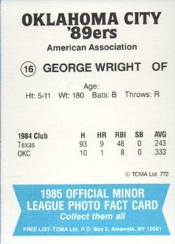 1985 TCMA Oklahoma City 89ers #16 George Wright Back