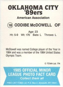 1985 TCMA Oklahoma City 89ers #18 Oddibe McDowell Back