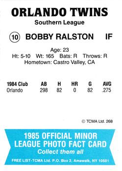 1985 TCMA Orlando Twins #10 Bobby Ralston Back