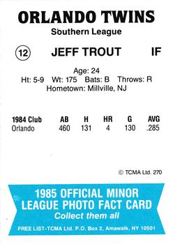 1985 TCMA Orlando Twins #12 Jeff Trout Back