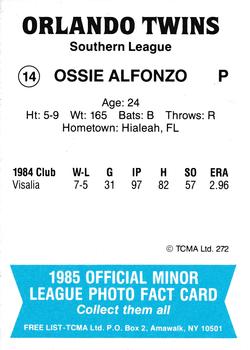 1985 TCMA Orlando Twins #14 Ossie Alfonzo Back