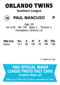 1985 TCMA Orlando Twins #18 Paul Mancuso Back