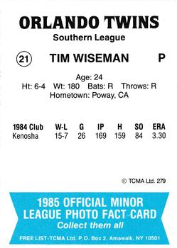 1985 TCMA Orlando Twins #21 Tim Wiseman Back