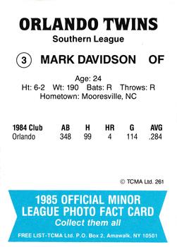 1985 TCMA Orlando Twins #3 Mark Davidson Back
