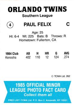1985 TCMA Orlando Twins #4 Paul Felix Back