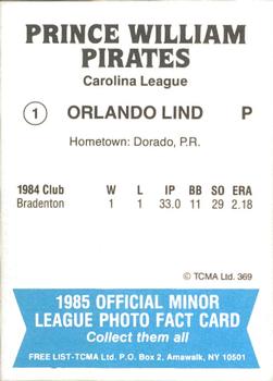 1985 TCMA Prince William Pirates #1 Orlando Lind Back