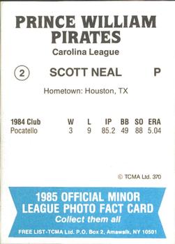 1985 TCMA Prince William Pirates #2 Scott Neal Back