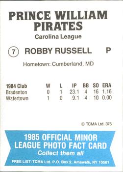 1985 TCMA Prince William Pirates #7 Robby Russell Back