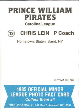 1985 TCMA Prince William Pirates #13 Chris Lein Back