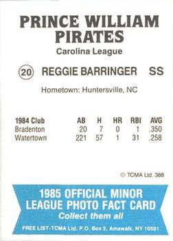 1985 TCMA Prince William Pirates #20 Reggie Barringer Back