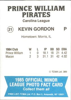 1985 TCMA Prince William Pirates #21 Kevin Gordon Back