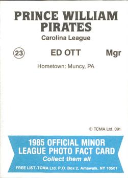 1985 TCMA Prince William Pirates #23 Ed Ott Back