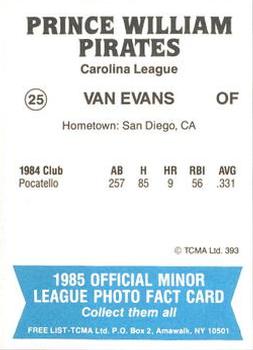1985 TCMA Prince William Pirates #25 Van Evans Back