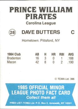 1985 TCMA Prince William Pirates #28 Dave Butters Back