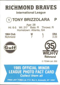 1985 TCMA Richmond Braves #1 Tony Brizzolara Back