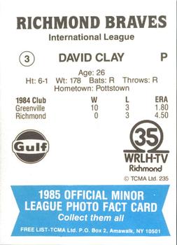 1985 TCMA Richmond Braves #3 David Clay Back