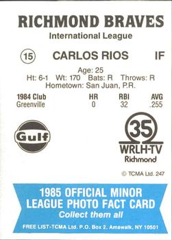 1985 TCMA Richmond Braves #15 Carlos Rios Back