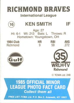 1985 TCMA Richmond Braves #16 Ken Smith Back