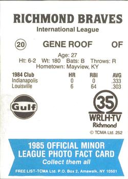 1985 TCMA Richmond Braves #20 Gene Roof Back