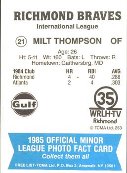 1985 TCMA Richmond Braves #21 Milt Thompson Back