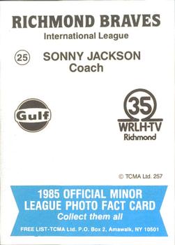 1985 TCMA Richmond Braves #25 Sonny Jackson Back