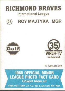 1985 TCMA Richmond Braves #26 Roy Majtyka Back