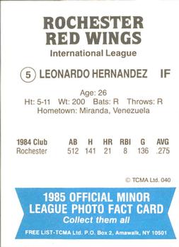 1985 TCMA Rochester Red Wings #5 Leonardo Hernandez Back