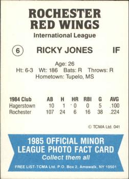 1985 TCMA Rochester Red Wings #6 Ricky Jones Back